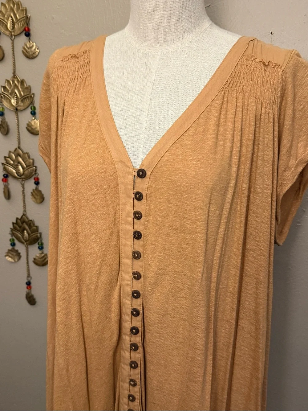 Free People Highland Oversized Boho Linen Camel Tan Tank Blouse Size Large